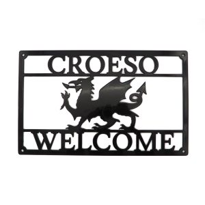 Arwydd Metel Du Draig Cymreig Dwyieithog 'Croeso Welcome' Welsh Dragon Bilingual Black Metal House Sign in Welsh & English
