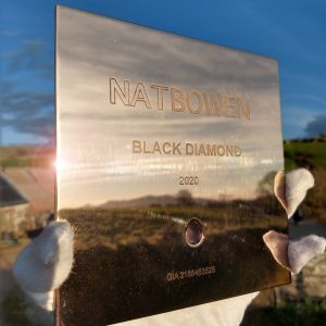 Completed bronze gallery plaque etched with "Nat Bowen Black Diamond 2020" and setting for the diamond below reflecting the evening sun and the Llyn Peninsula