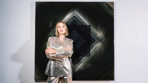 Artist Nat Bowen with "Black Diamond", the centrepiece of her 2020 collection "Back to Light" at the Saatchi Gallery