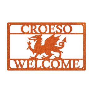 Arwydd Metel Corten Draig Cymreig Dwyieithog 'Croeso Welcome' Welsh Dragon Bilingual Corten Metal House Sign in Welsh & English