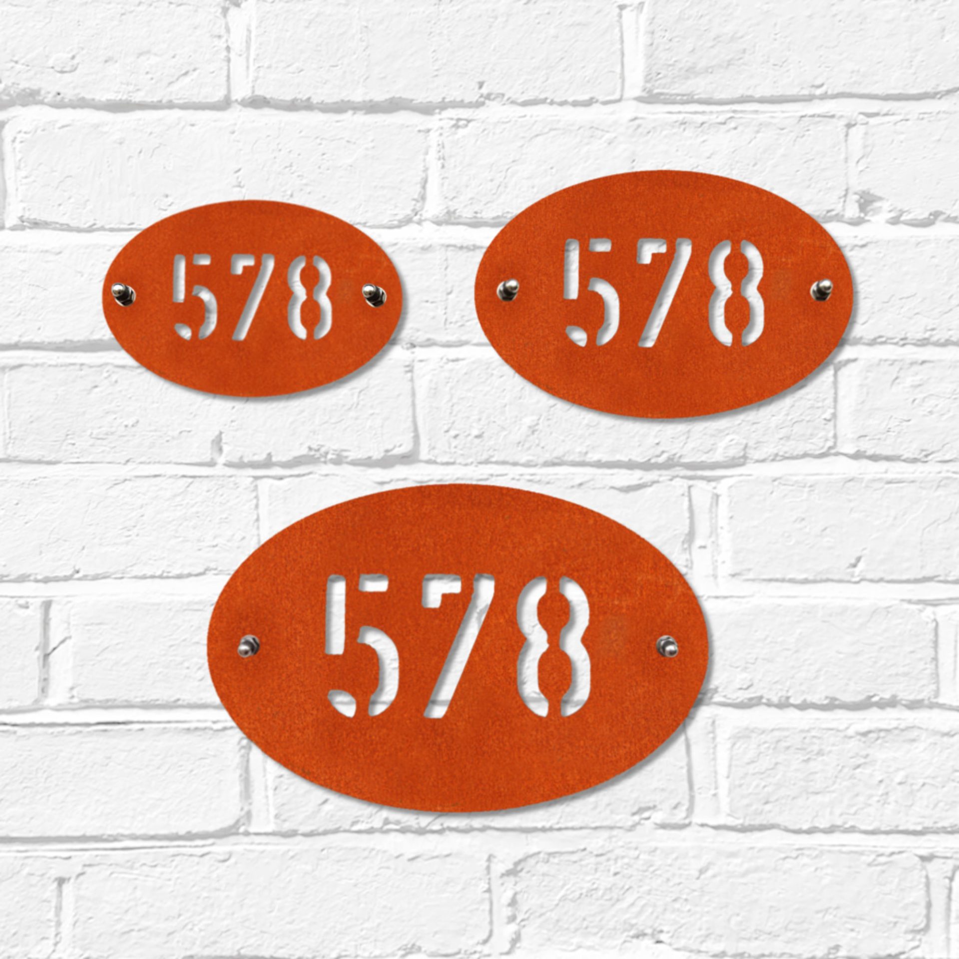 Personalised modern oval metal house number in industrial look Corten ...