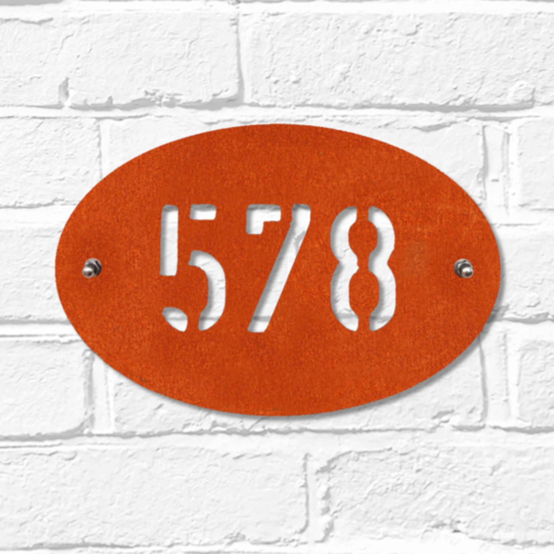 Personalised modern oval metal house number in industrial look Corten ...