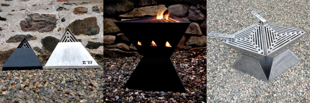 TetraFlame Pack Away Fire Pit BBQs: the original and the XL packed away, the original lit one evening, and 2 XLs next to each other to make a bigger cooking area 