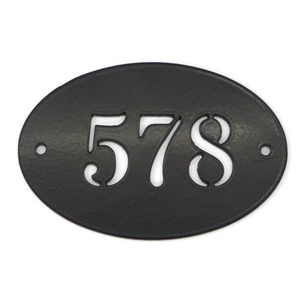 Classic oval metal house number sign in black steel