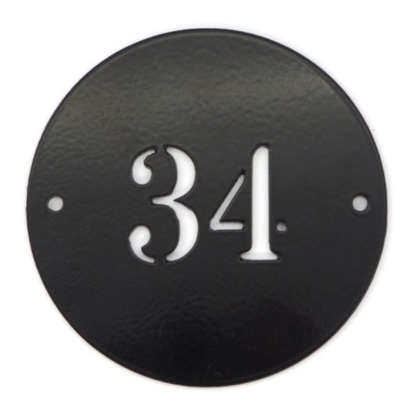 Classic round metal house number sign in black steel