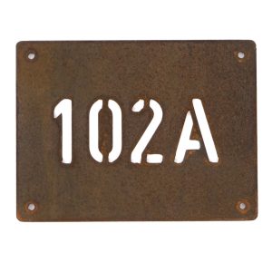 Modern rectangular metal house number in rusted industrial look Corten weathering steel