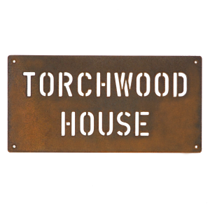Modern rectangular metal house name plate sign in rusted industrial look Corten weathering steel