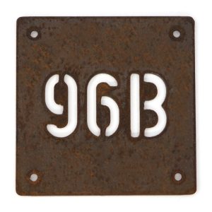 Modern square metal house number in rusted industrial look Corten weathering steel