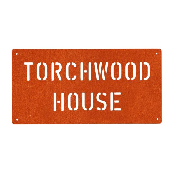 Modern rectangular metal house name plate sign in rusted industrial look Corten weathering steel