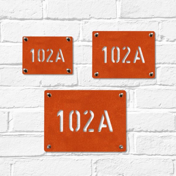 Small, medium & large modern rectangular metal house number in rusted industrial look Corten weathering steel