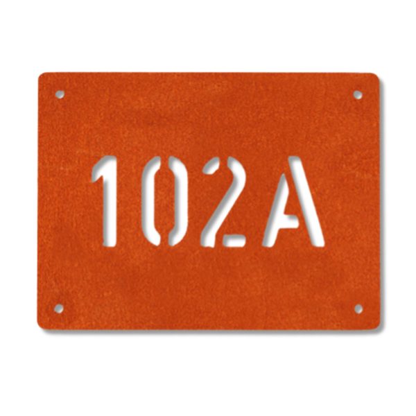 Modern rectangular metal house number in rusted industrial look Corten weathering steel