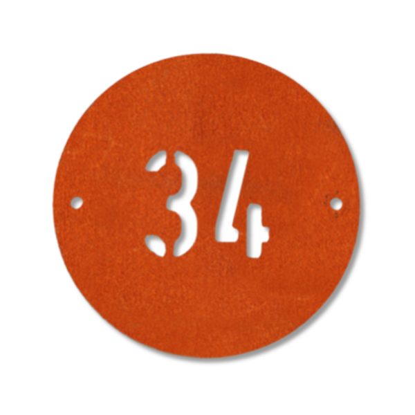 Modern round metal house number in rusted industrial look Corten weathering steel