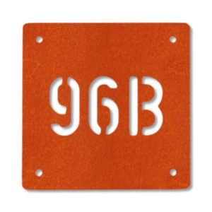 Modern square metal house number in rusted industrial look Corten weathering steel