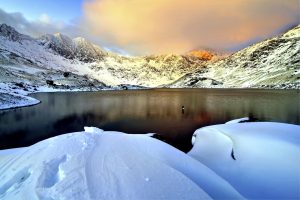 Snowy Snowdon and a winter lake
