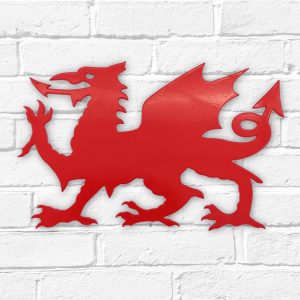 Arwydd Metel Draig Goch Red Welsh Dragon Metal Sign on a white brick wall