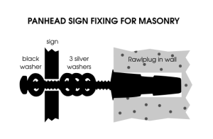 Instructions for black stainless steel pan head sign fixings kit with slimline spacers