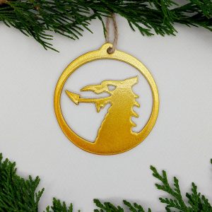 Addurn nadolig portread draig aur Shimmering dragon's gold Welsh dragon portrait hanging Christmas decoration