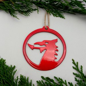 Addurn nadolig portread draig goch Metallic red Welsh dragon portrait hanging Christmas decoration