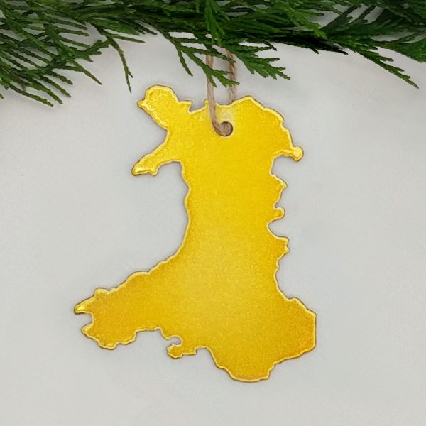 Cymru Wales map hanging metal Christmas decoration in metallic gold