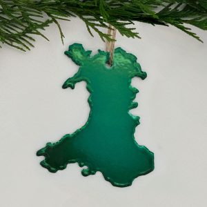 Cymru Wales map hanging metal Christmas decoration in metallic green