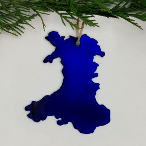 Cymru Wales map hanging metal Christmas decoration in metallic sapphire blue