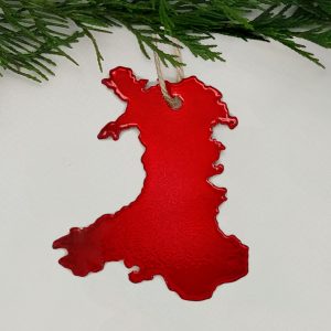 Cymru Wales map hanging metal Christmas decoration in metallic red