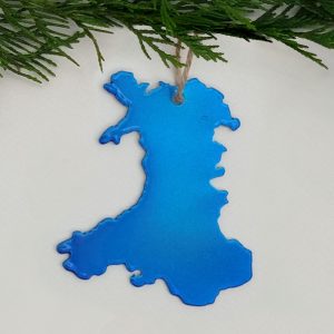 Cymru Wales map hanging metal Christmas decoration in metallic topaz blue