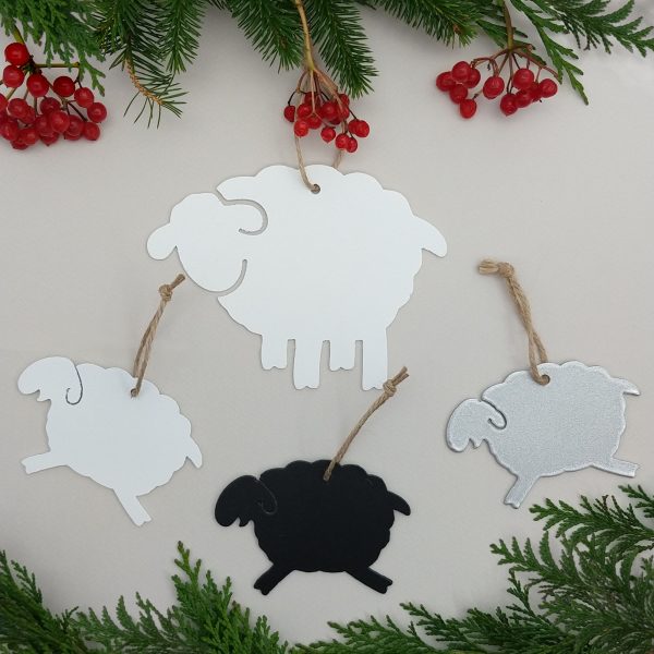 Welsh mammy ewe sheep and her baby lambs hanging Christmas decorations collection in metallic silver, white and black