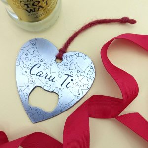 Calon "Caru Ti" Welsh Love You heart stainless steel bottle opener at a wedding