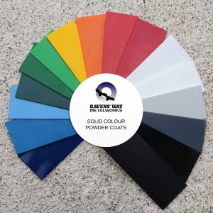 Some of Ravens' Way Metalworks' solid colour UV resistant powder coats range