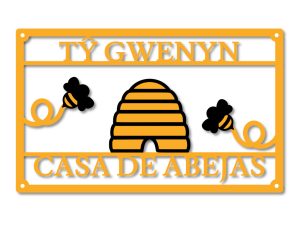 Final design for multi-coloured bee-themed bilingual metal house sign