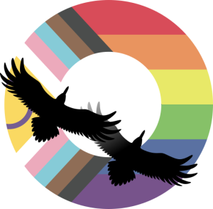 The Ravens' Way Metalworks logo shows two ravens flying together across the rising moon and the Pride flag