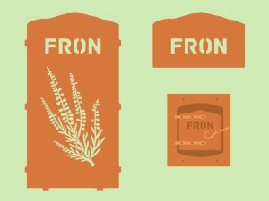 Final designs for mountain-shaped CORTEN weathering steel gate, house name sign and post box set