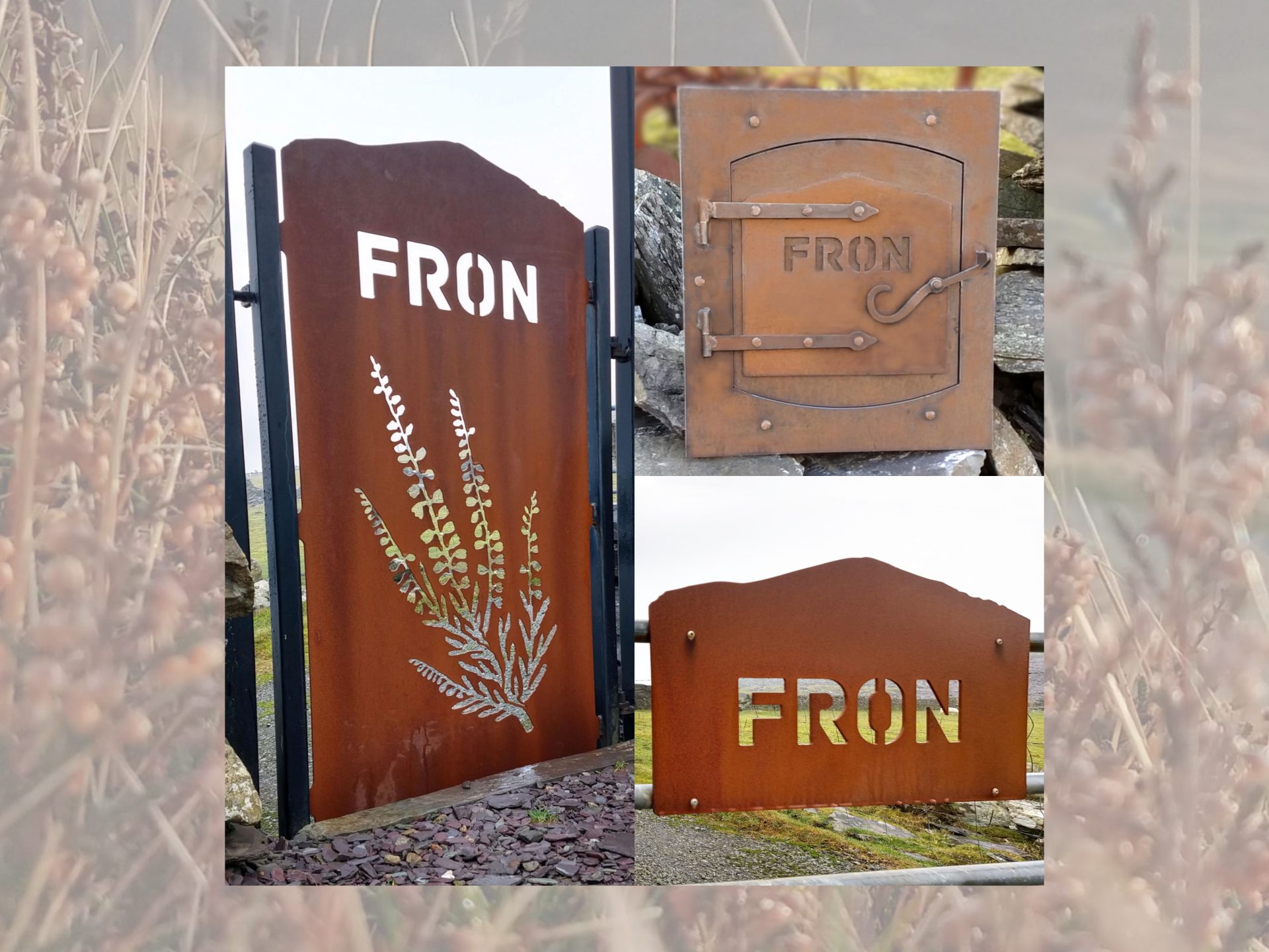 Mountain-shaped CORTEN weathering steel gate, house name sign and post box set