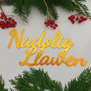 Nadolig Llawen Welsh Merry Christmas hanging or standing metal sign in shimmering gold