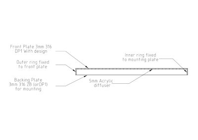 Cross-sectional drawing of the backlit sign showing stainless steel clam-shell construction and integral acrylic diffuser