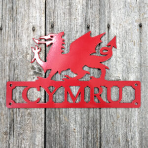 Arwydd 'Cymru' gyda Draig Goch 'Wales' Sign in Welsh with Welsh Dragon - red with screw holes