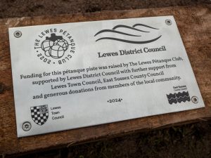 Completed rectangular laser-etched stainless steel commemorative sign plaque for Lewes Petanque Club