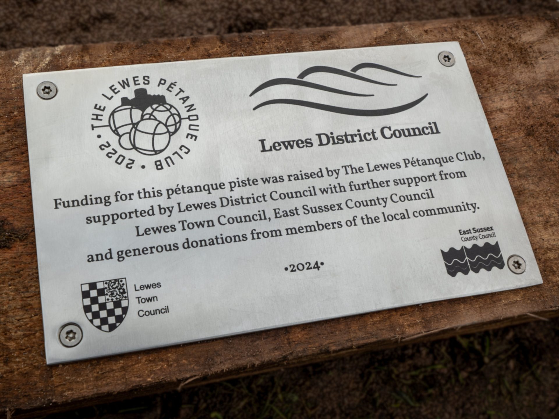 Completed rectangular laser-etched stainless steel commemorative sign plaque Completed rectangular laser-etched stainless steel commemorative sign plaque for Lewes Petanque Club
