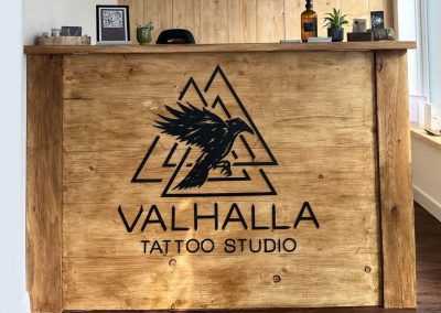 Black metal multipart 3D business logo sign for Valhalla Tattoo Studio