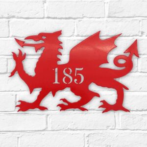 Arwydd Rhif Ty Draig Goch Metel Red Welsh Dragon Metal House Number Sign